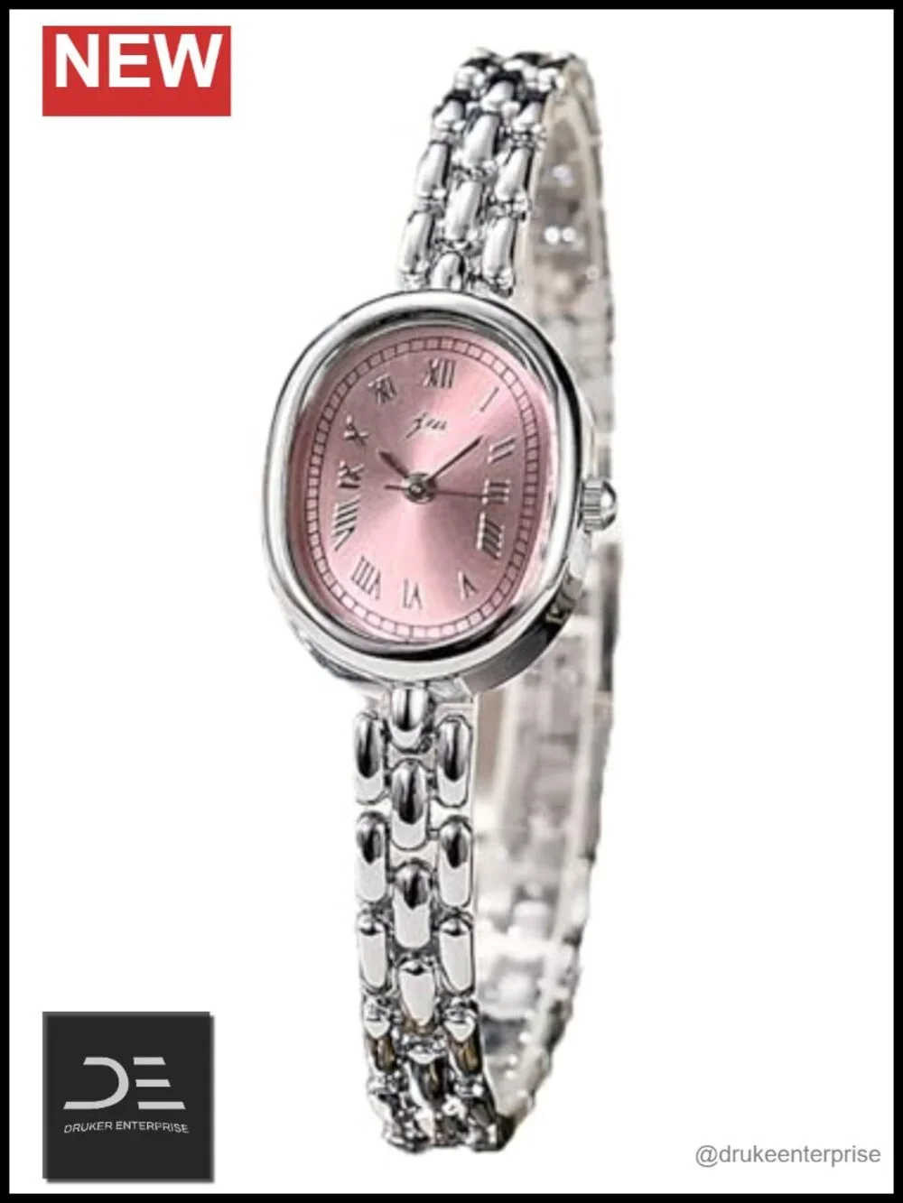 Elegant Oval Quartz Analog Wristwatch with Metal Link Band, Roman Numeral Dial,